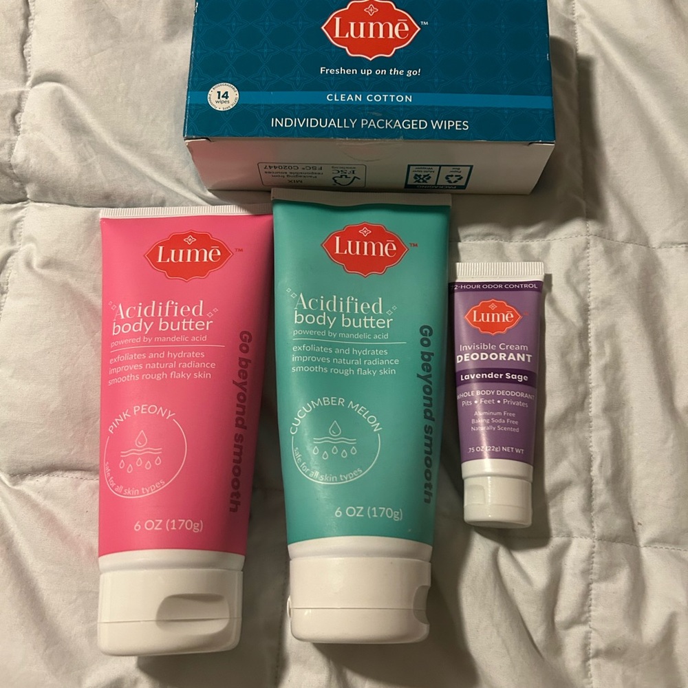 Lume NEW - Pink Peony, Cucumber Melon, Deodorant Purple, Whole Body Wipes